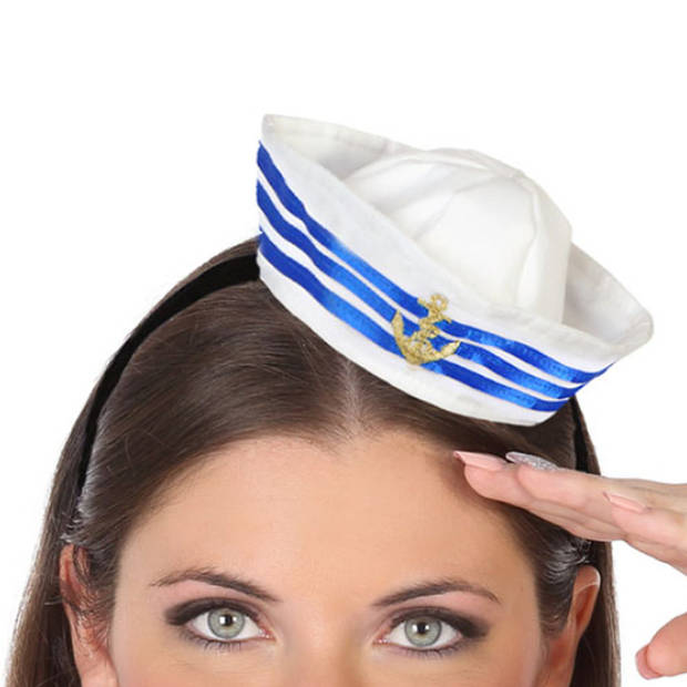 Atosa Verkleed diadeem mini hoedje - blauw/wit - meisjes/dames - Matroos/sailor thema - Verkleedhoofddeksels