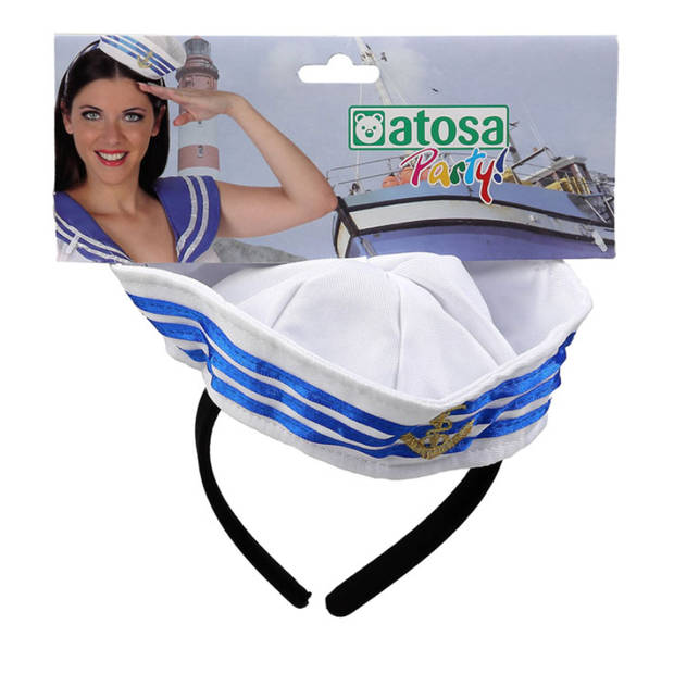 Atosa Verkleed diadeem mini hoedje - blauw/wit - meisjes/dames - Matroos/sailor thema - Verkleedhoofddeksels