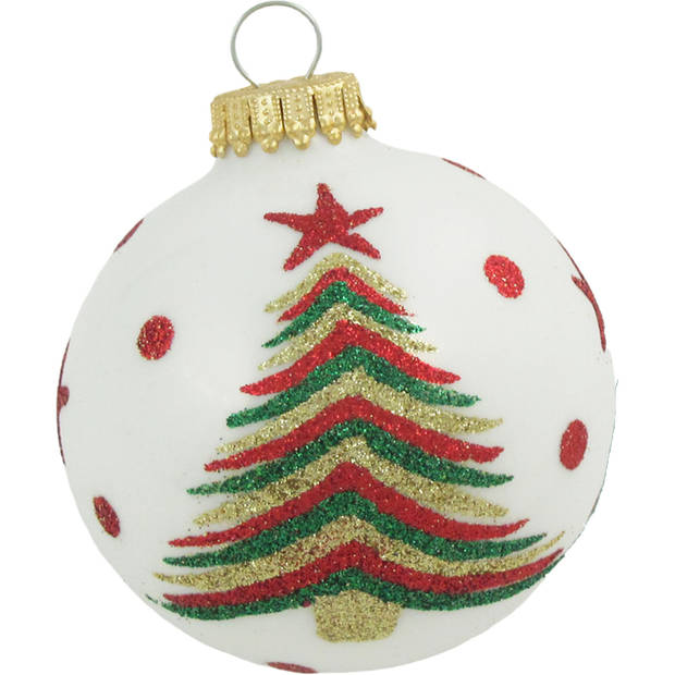 Krebs kerstballen - 4x stuks - wit met kerstboom - glas - 7 cm - Kerstbal