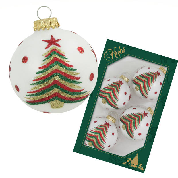 Krebs kerstballen - 16x stuks - wit met kerstboom - glas - 7 cm - Kerstbal