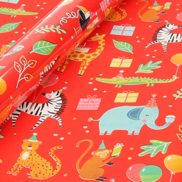 Inpakpapier/cadeaupapier kinderverjaardag - feestdieren print - 200 x 70 cm - Cadeaupapier