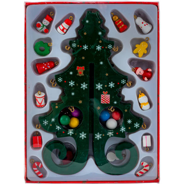 IKO - mini decoratie kerstboompje - met ornamenten - hout - 19 cm - Houten kerstbomen