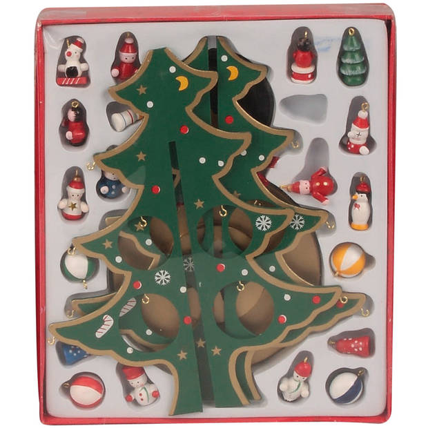 IKO - Kleine decoratie kerstboomp - met ornamenten - hout - 28 cm - Houten kerstbomen