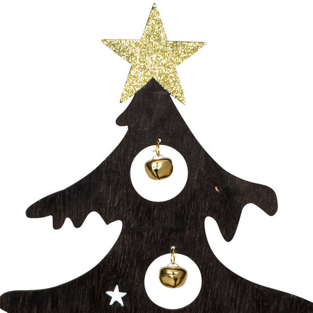 IKO - Decoratie kerstboompje - zwart - hout - met belletjes - 44,5 cm - Houten kerstbomen