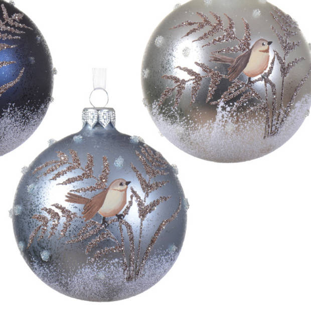 Decoris luxe kerstballen - 6x - vogel - blauw en zilver - glas - 8 cm - Kerstbal