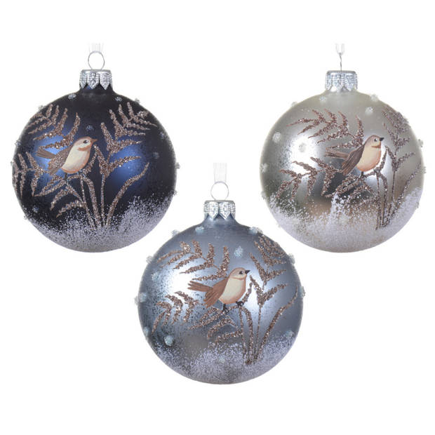 Decoris luxe kerstballen - 6x - vogel - blauw en zilver - glas - 8 cm - Kerstbal