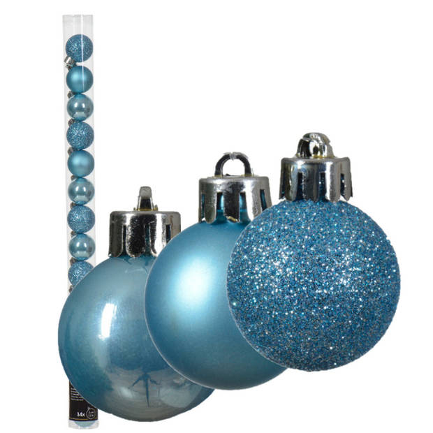 Decoris kleine kerstballen - 14x - ijs blauw - 3 cm -kunststof - Kerstbal