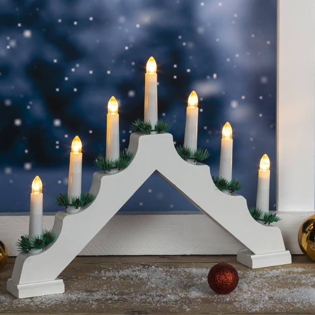 HI kaarsenbrug - wit - 42,5 x 4,5 x 32 cm - kunststof -met LED kaarsen - kerstverlichting figuur