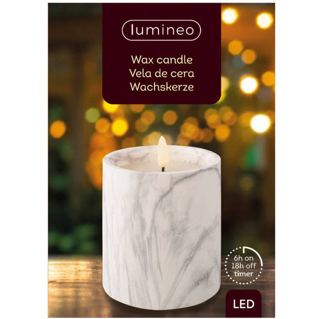 Lumineo LED cement kaarsen - 2x - marmer - D9 x H12,5 cm - wax - LED kaarsen