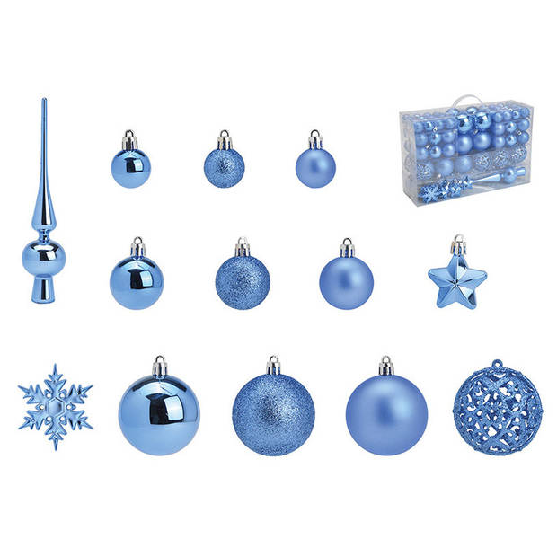 G. Wurm kerstballen en piek - 111-delig - 3, 4, 6 cm -blauw -kunststof - Kerstbal