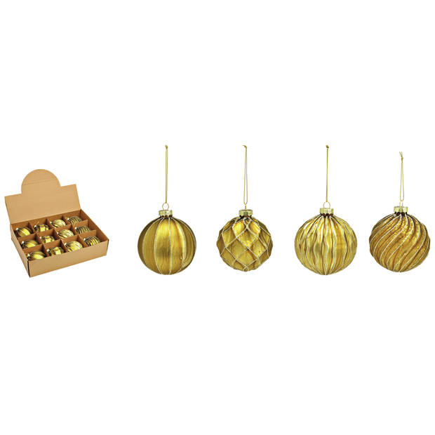 G. Wurm luxe gedecoreerde kerstballen - 12x stuks - goud - glas - 8 cm - Kerstbal