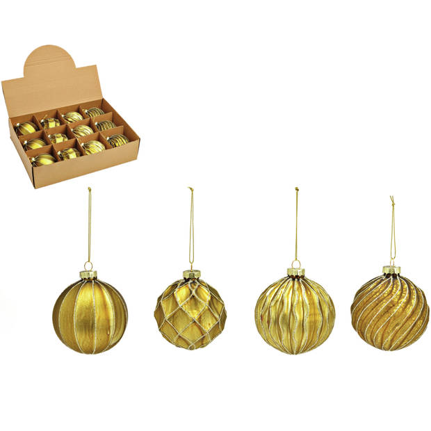 G. Wurm luxe gedecoreerde kerstballen - 12x stuks - goud - glas - 8 cm - Kerstbal