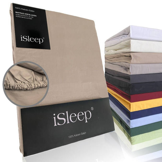 iSleep Hoeslaken Satijn Katoen - Medium Beige - 180x220 cm