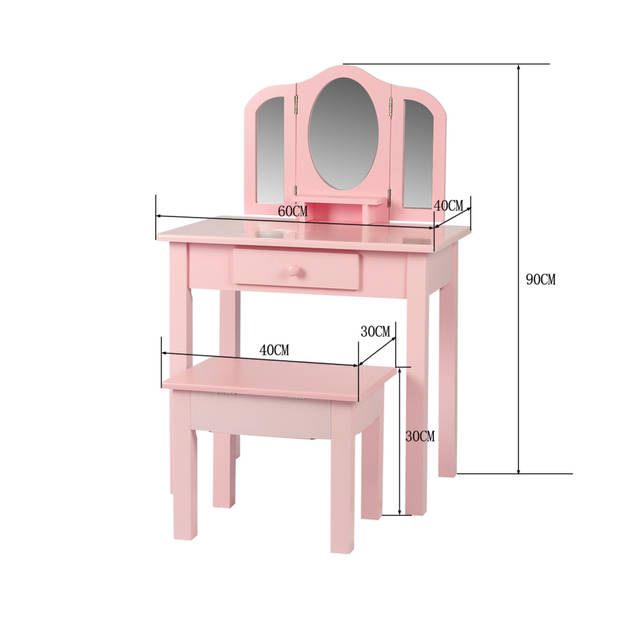 Kaptafel make up visagie tafel Prinses meisje met spiegel en krukje roze