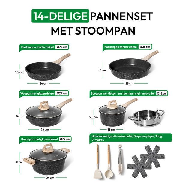 Just Perfecto 14 Delige Pannenset Inductie - Pannenset Met Deksel Voor Alle Waarmtebronnen