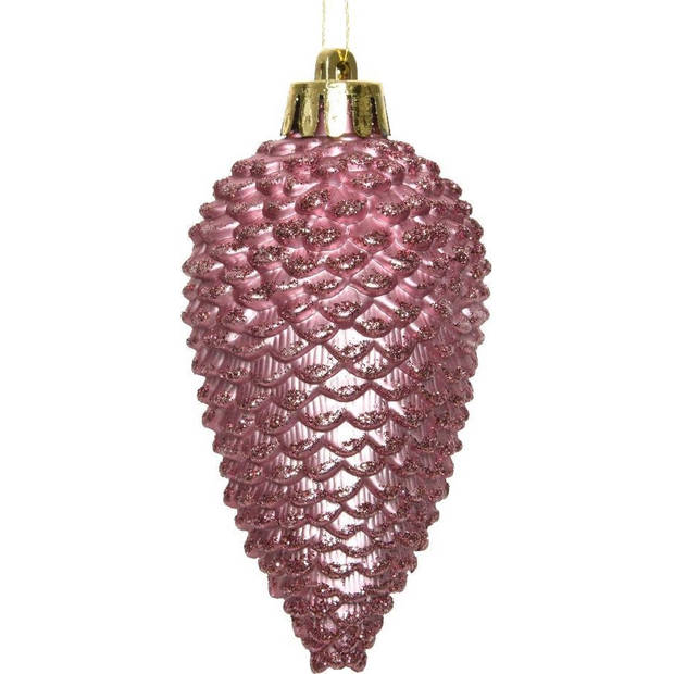 Decoris - 2 stuks Ornament plastic dennenappel glitter d4,5 en h8 cm cm veloursroze 6st