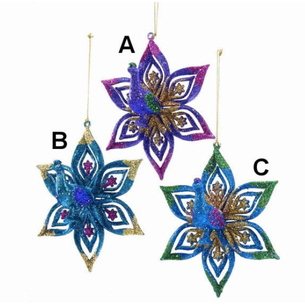 Kurt S. Adler - Plastic purple, blue, green & fucshia peacock with gold glitter snowflake ornament assorted