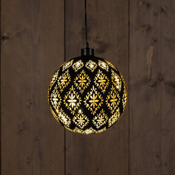 Anna's Collection - Glass Ball Baroque Black/Gold 15Cm /12Led Warm White /