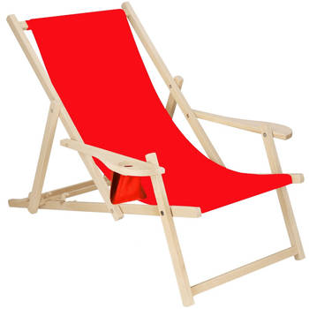 Ligbed Strandstoel Ligstoel Verstelbaar Armleuningen Beukenhout Handgemaakt Rood