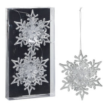 Christmas Decoration kersthangers sneeuwvlokken 2x -zilver -11,5 cm - Kersthangers
