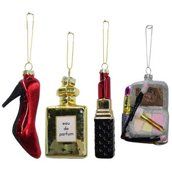 IKO kersthangers pump, parfum, lipstick, portemonnee - 3x st - glas - Kersthangers