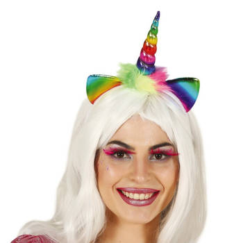 Fiestas Verkleed haarband Unicorn/eenhoorn - regenboog gekleurd - meisjes/dames - met bloemen - Verkleedhoofddeksels