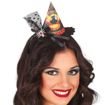 Halloween heksenhoed - mini hoedje op diadeem - one size - zwart - meisjes/dames - Verkleedhoofddeksels
