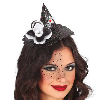 Halloween heksenhoed - mini hoedje op diadeem - one size - zwart glitter - meisjes/dames - Verkleedhoofddeksels
