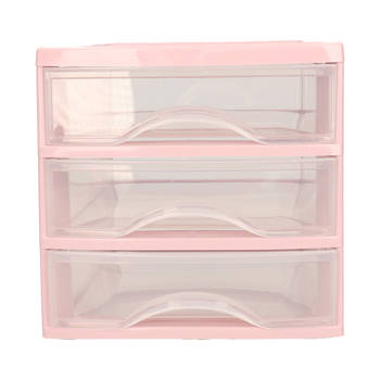 Plasticforte Ladeblokje/bureau organizer 3x lades - roze/transparant - L18 x B21 x H17 cm - Ladeblok