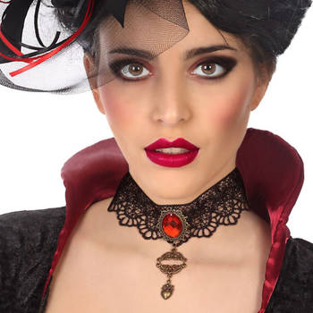 Atosa Verkleed sieraden ketting met edelsteen - zwart/rood - dames - kunststof - Heks/vampier - Verkleedketting