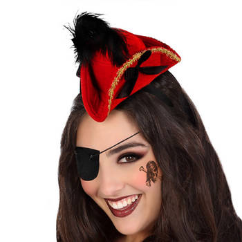 Atosa Verkleed diadeem mini hoedje - zwart/rood - meisjes/dames - Piraten thema - Verkleedhoofddeksels