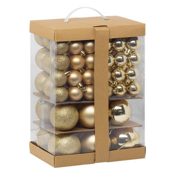 Feeric Kerstballen - 60ST - 4, 6, 7 en 8 cm - goud - kunststof - Kerstbal