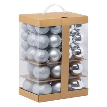 Feeric Christmas Kerstballen - 60x st - 4, 6, 7 en 8 cm - zilver - kunststof - Kerstbal
