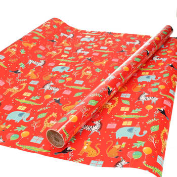 Inpakpapier/cadeaupapier kinderverjaardag - 2x - feestdieren print - 200 x 70 cm - Cadeaupapier