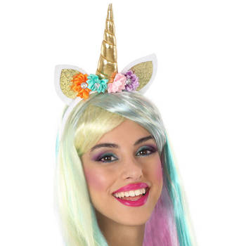 Atosa Verkleed haarband Unicorn/eenhoorn - goud gekleurd - meisjes/dames - met bloemen - Verkleedhoofddeksels
