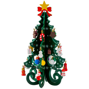 IKO - mini decoratie kerstboompje - met ornamenten - hout - 19 cm - Houten kerstbomen