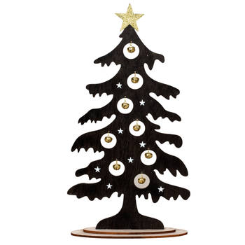 IKO - Decoratie kerstboompje - zwart - hout - met belletjes - 44,5 cm - Houten kerstbomen