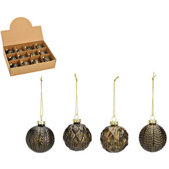 G. Wurm luxe gedecoreerde kerstballen - 12x stuks - zwart / goud - glas - 6 cm - Kerstbal