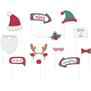 Folat Kerst foto prop set - 12-delig - Christmas party photo booth - fun/feest cadeau - Verkleedattributen