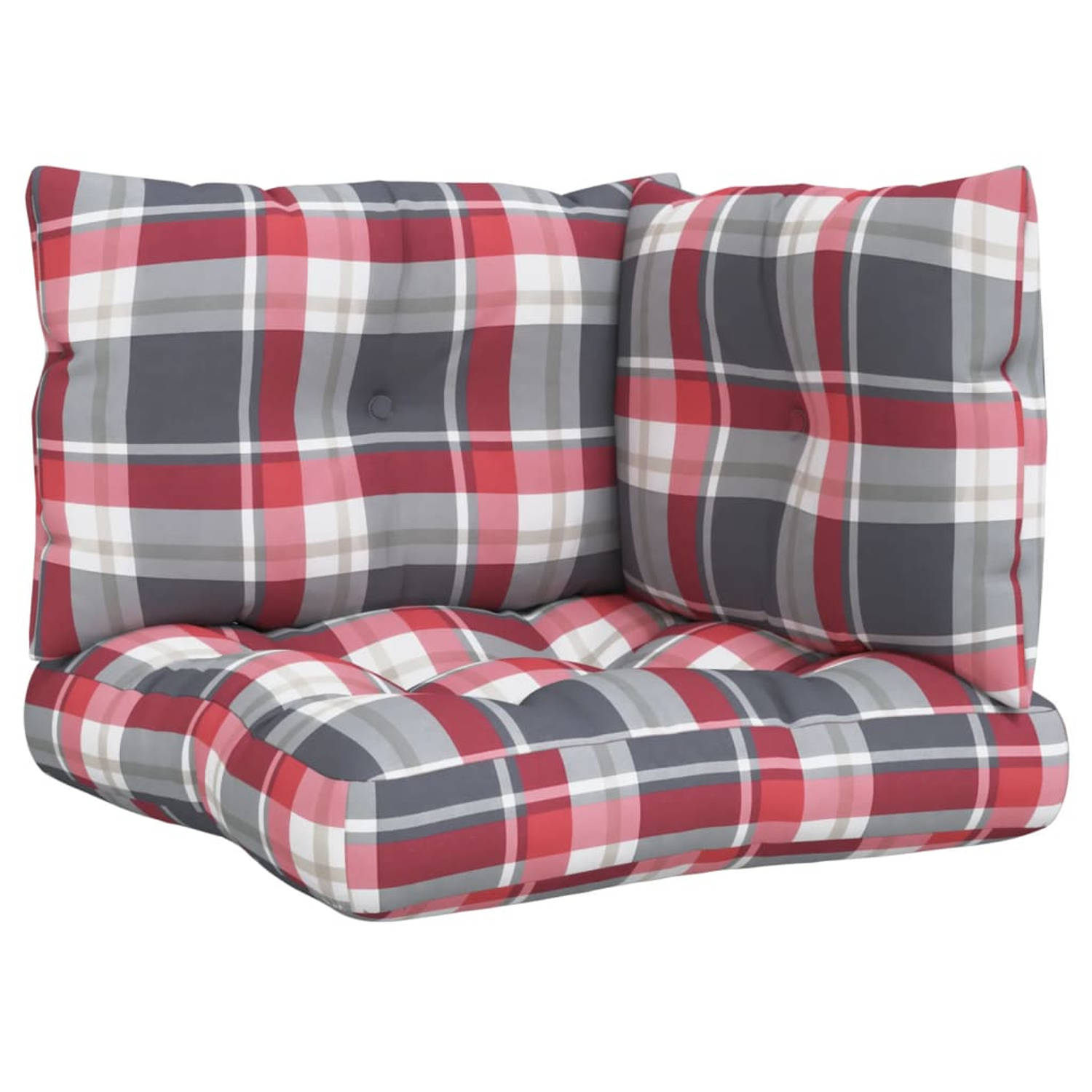 The Living Store Palletkussens - Set van 3 - Polyester - Rood ruitpatroon - 61.5 x 60 x 10 cm- 60 x 38 x 13 cm- 55 x 38