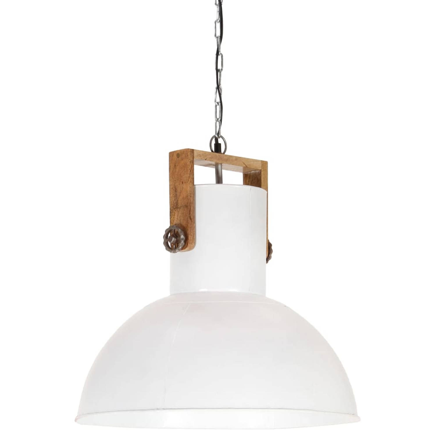 The Living Store Industriële Hanglamp - 154 cm - Lampenkap 52 cm - IJzer met witte afwerking en massief mangohout -