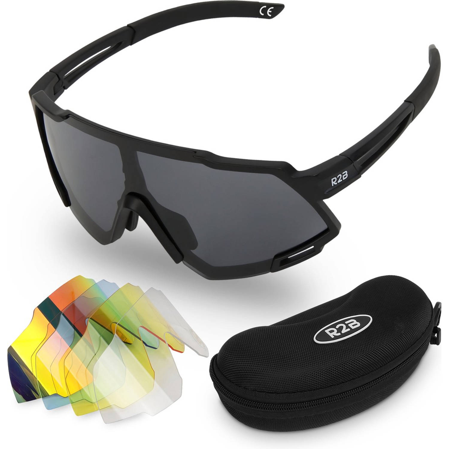 R2B Fietsbril met 5 verwisselbare lenzen Unisex & Universeel Sportbril Fietsaccessoires Zwart