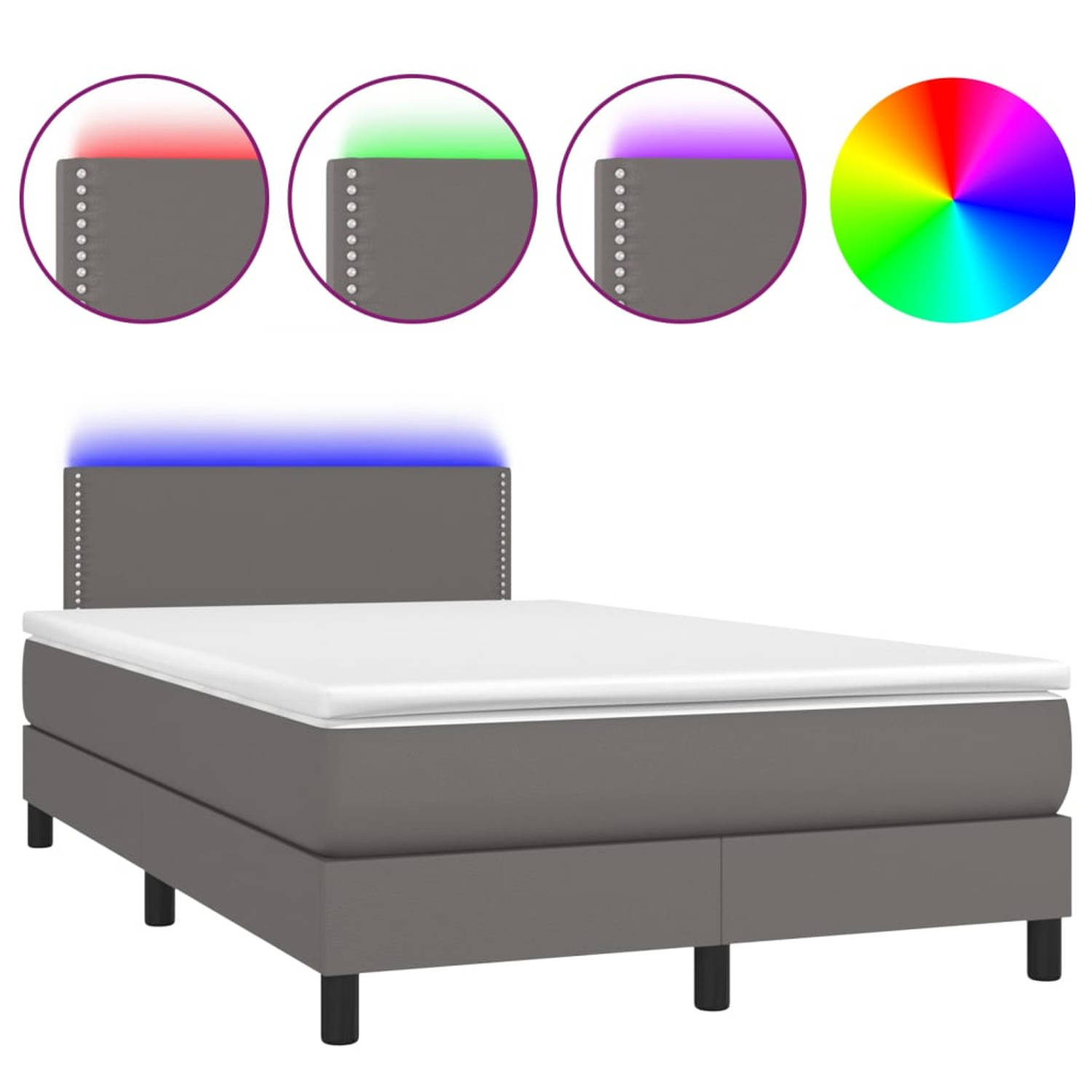 The Living Store Boxspring Bed - Grijs - 203 x 120 x 78/88 cm - Kunstleer - Pocketvering Matras - Huidvriendelijk Topmatras - Kleurrijke LED