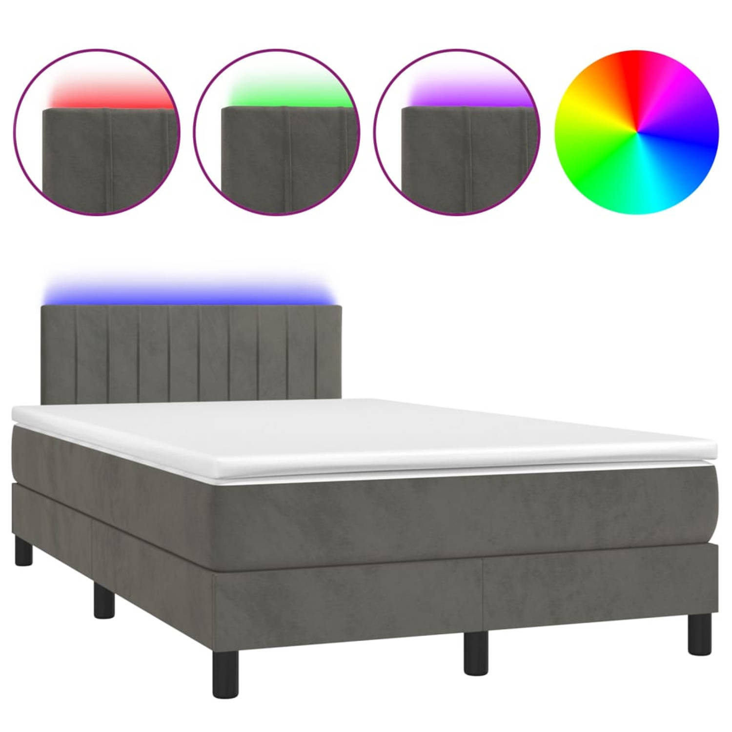 The Living Store Boxspring Bed - Donkergrijs fluweel - LED-verlichting - Pocketvering matras - Huidvriendelijk topmatras