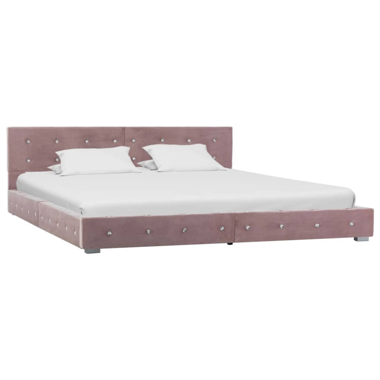 The Living Store Bedframe - Roze - Gepoedercoat ijzeren frame - Fluweel - 214.5 x 174 x 64 cmThe Living Store Traagschuim matras - Wit - 200 x 160 x 17 cm - 5 lagen - Polyester