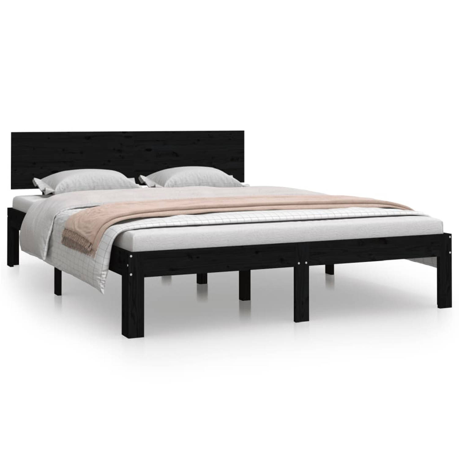 The Living Store Bedframe massief hout zwart 150x200 cm 5FT King Size - Bedframe - Bedframes - Bed - Bedbodem - Ledikant - Bed Frame - Massief Houten Bedframe - Slaapmeubel - Bedde
