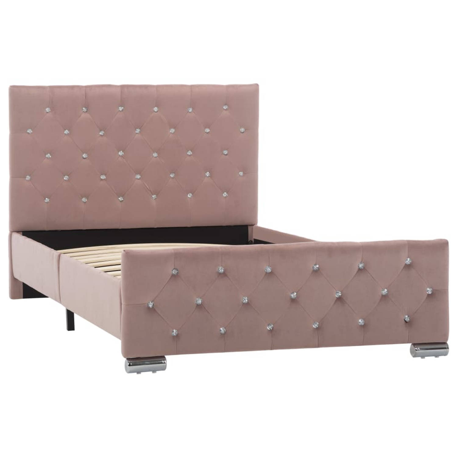 The Living Store Bedframe - Klassiek houten en stalen bedframe - 100x200cm - Roze fluweel