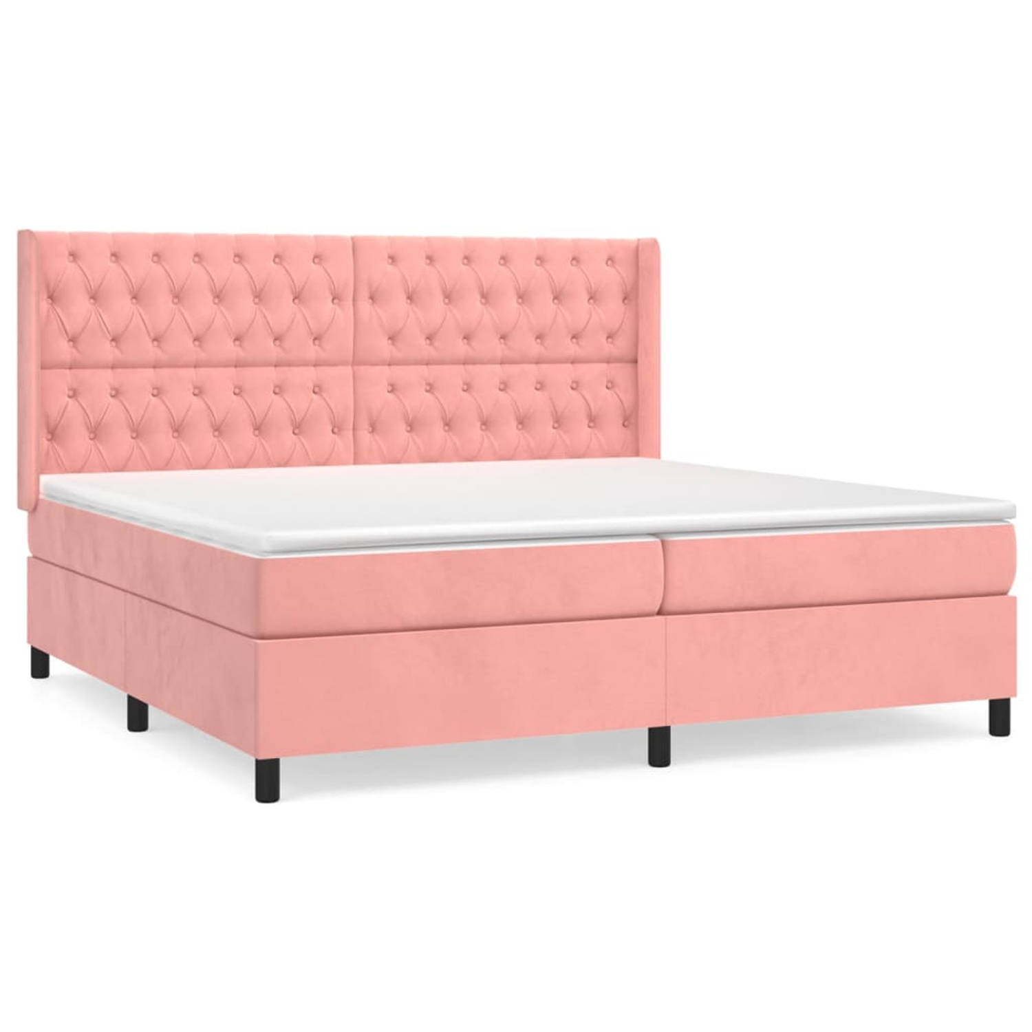 The Living Store Boxspringbed - Roze fluweel - 203 x 203 x 118/128 cm - Pocketvering matras - Middelharde ondersteuning - Huidvriendelijk topmatras