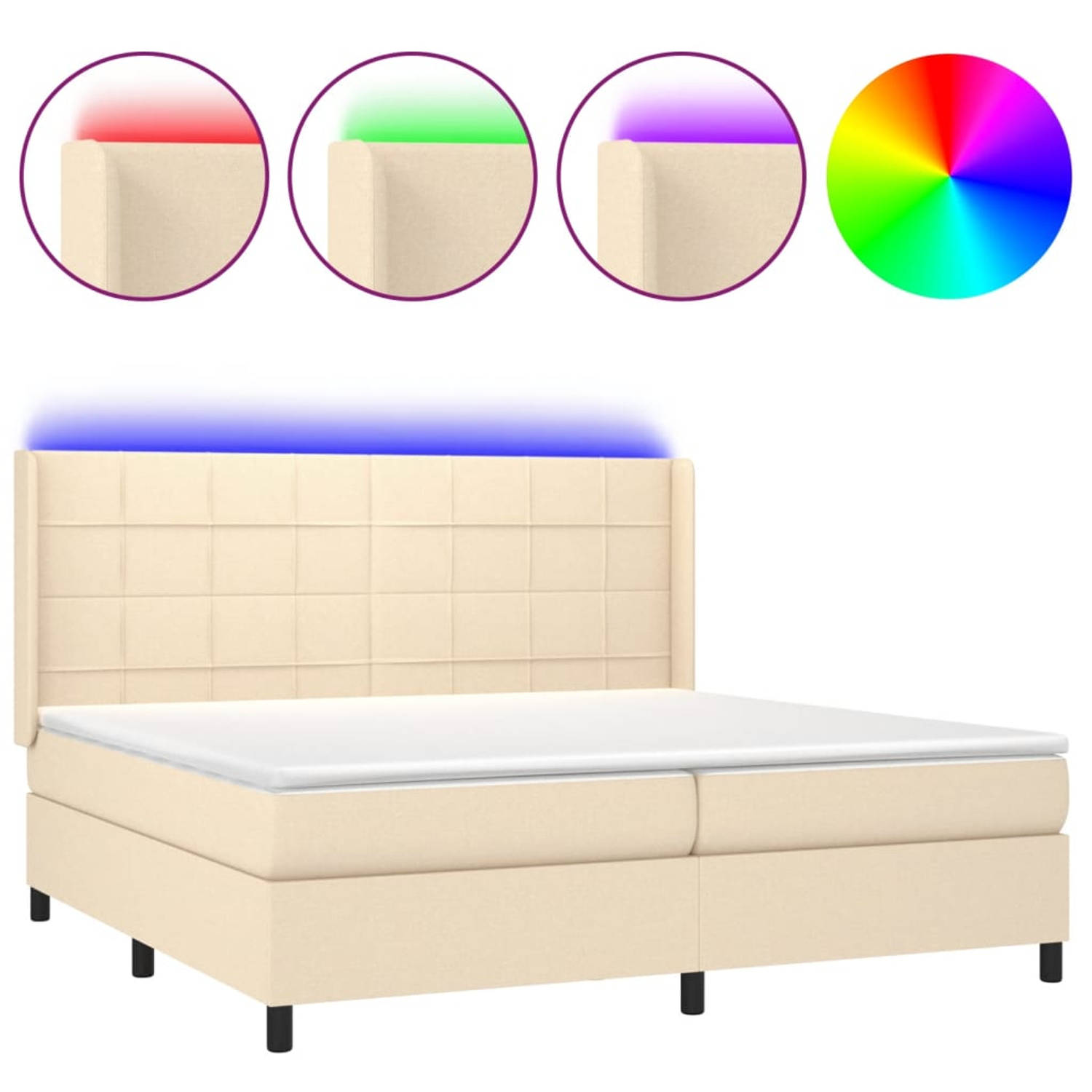 The Living Store Boxspringcombinatie - Crème - 203 x 203 x 118/128 cm - Hoogte verstelbaar hoofdbord - Pocketvering matras - Huidvriendelijk topmatras - Kleurrijke LED-verlichting