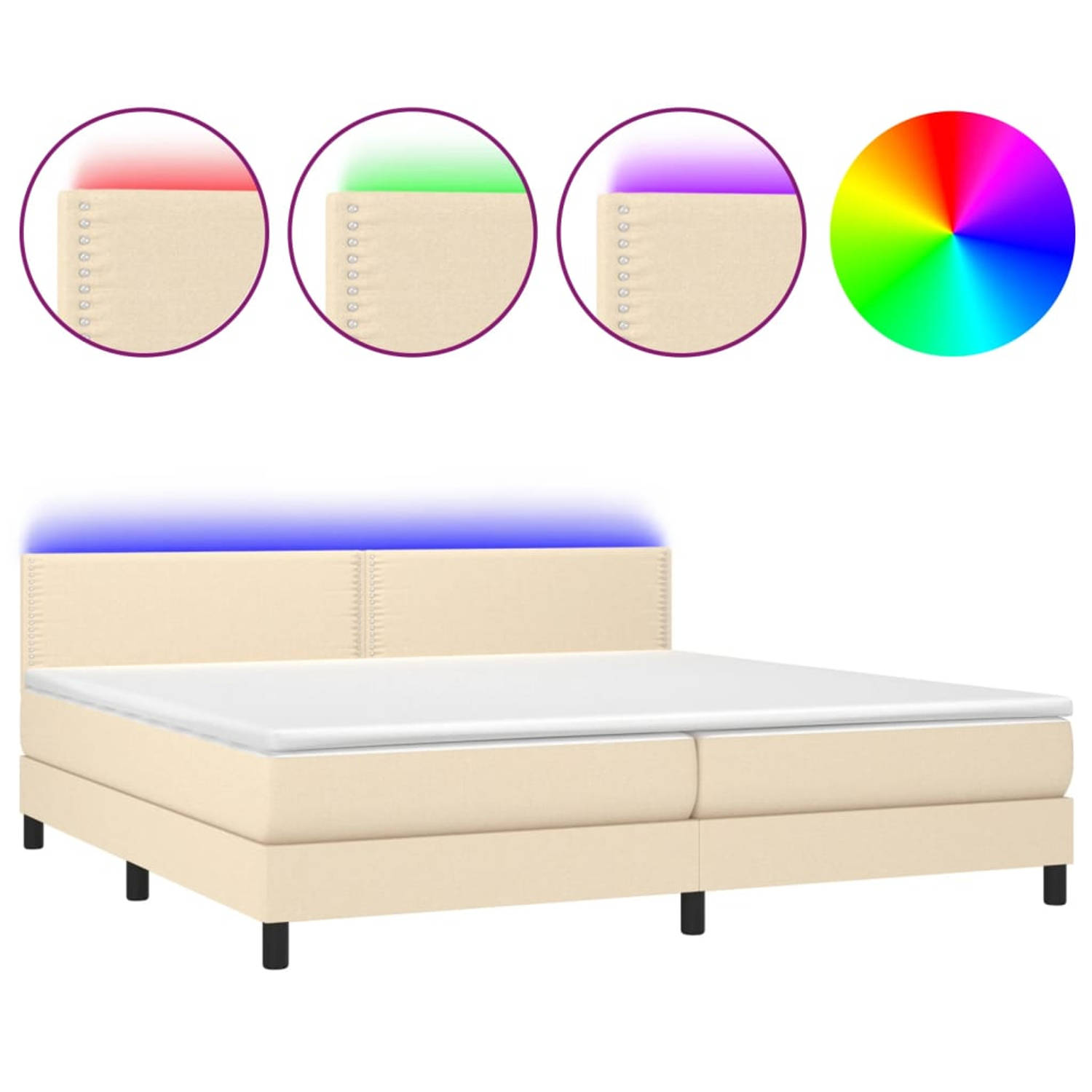 The Living Store Boxspring Crème 203x200x78/88 cm - Verstelbaar hoofdbord - LED-verlichting - pocketvering matras